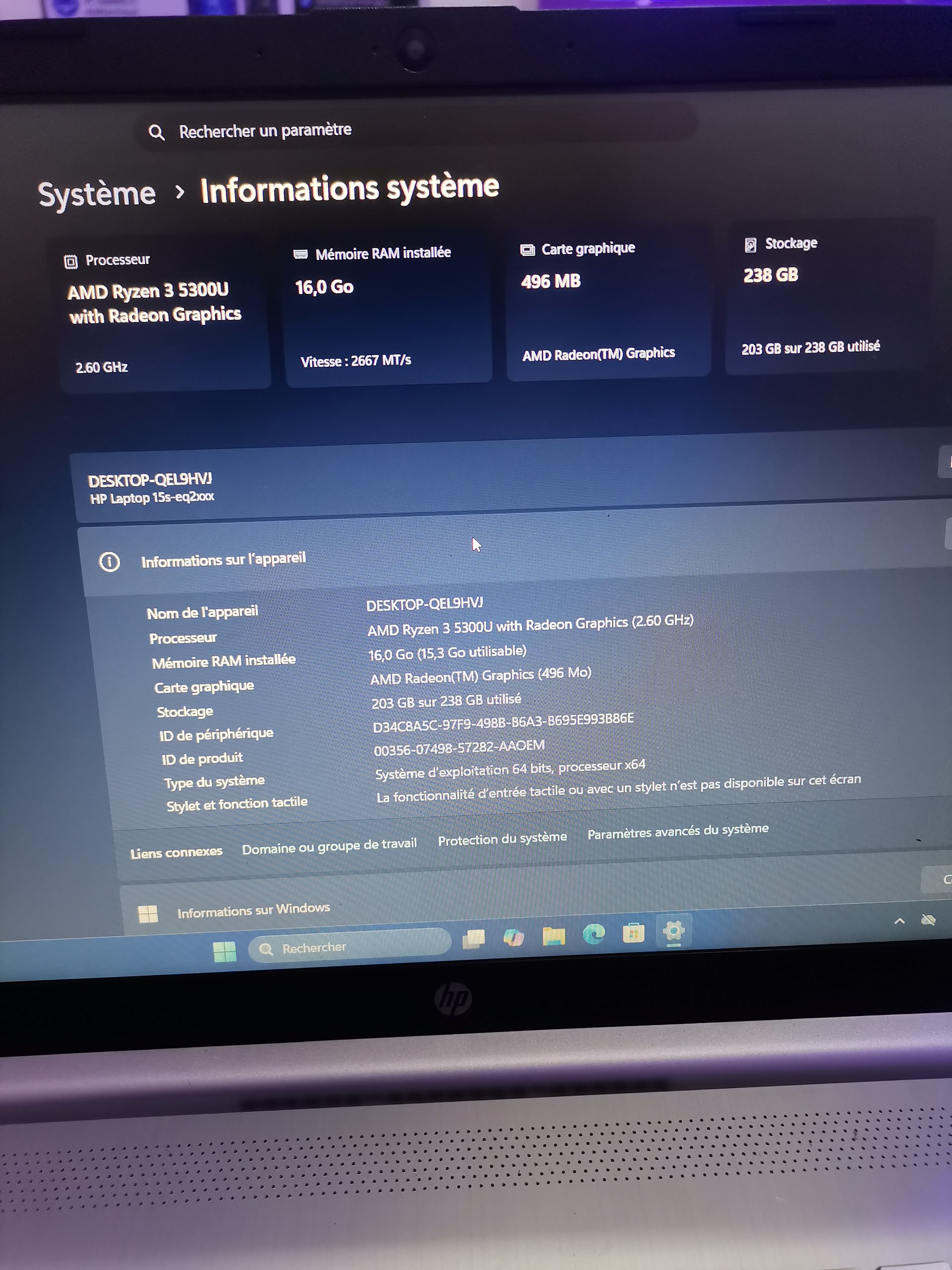 Détail Hp Laptop 15